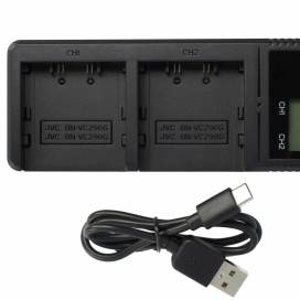 Produktbild: Dual-Ladegerät für JVC BN-VC296G / BN-VC298G Akkus u.a., mit USB-Kabel